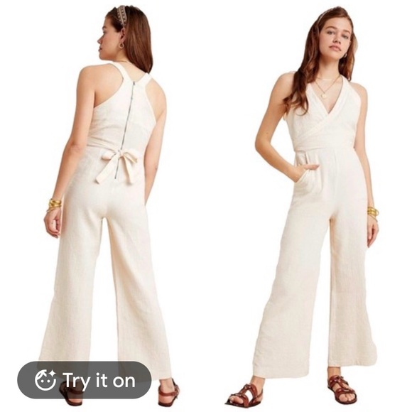 Anthropologie Pants - Anthropologie Cream Sleeveless V-Neck Wide-Leg textured cream Jumpsuit sz 4 used
